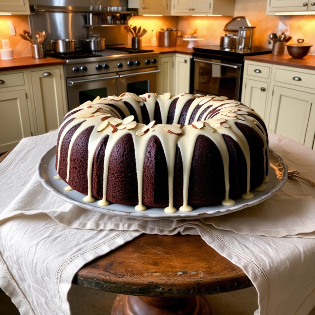 A decadent almond chocolate cake topped with rich chocolate ganache and slivered almonds.