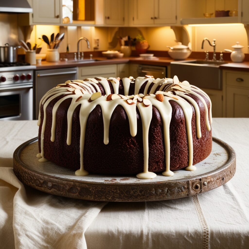 Close-up of a slice of rich chocolate almond cake with a moist, fudgy texture and garnished with ground almonds.