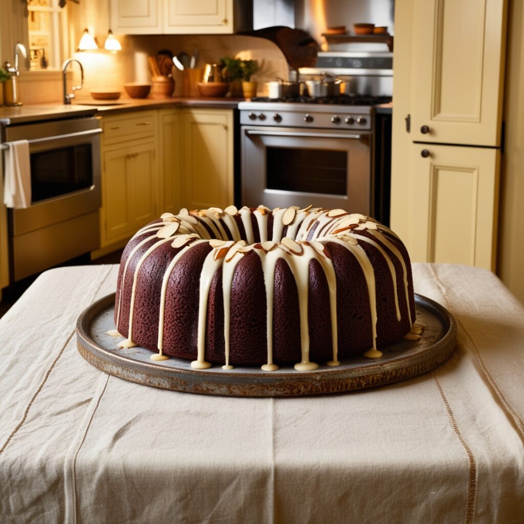 Whole chocolate almond cake topped with chocolate icing and toasted almond slivers, served on a rustic wooden board.