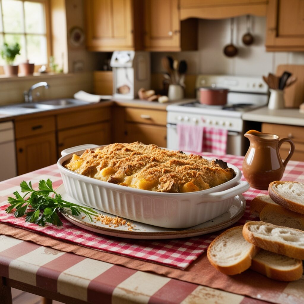 A delicious Country Pork Casserole, featuring tender pork slices and colorful vegetables simmered in a savory sauce, served in a rustic dish.