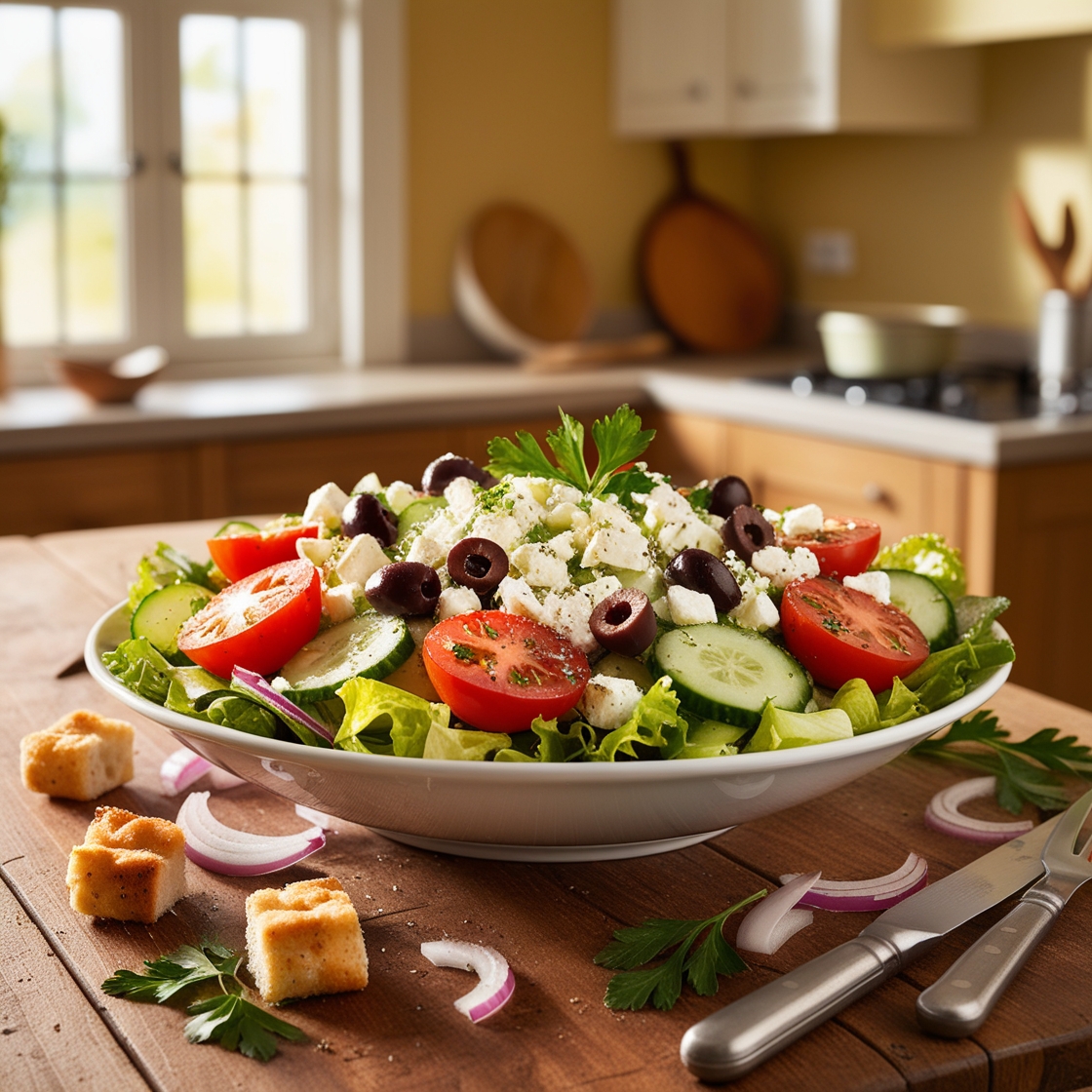 A traditional Greek salad composed of vibrant tomatoes, crisp onions, briny olives, and creamy feta cheese, beautifully arranged in a bowl.