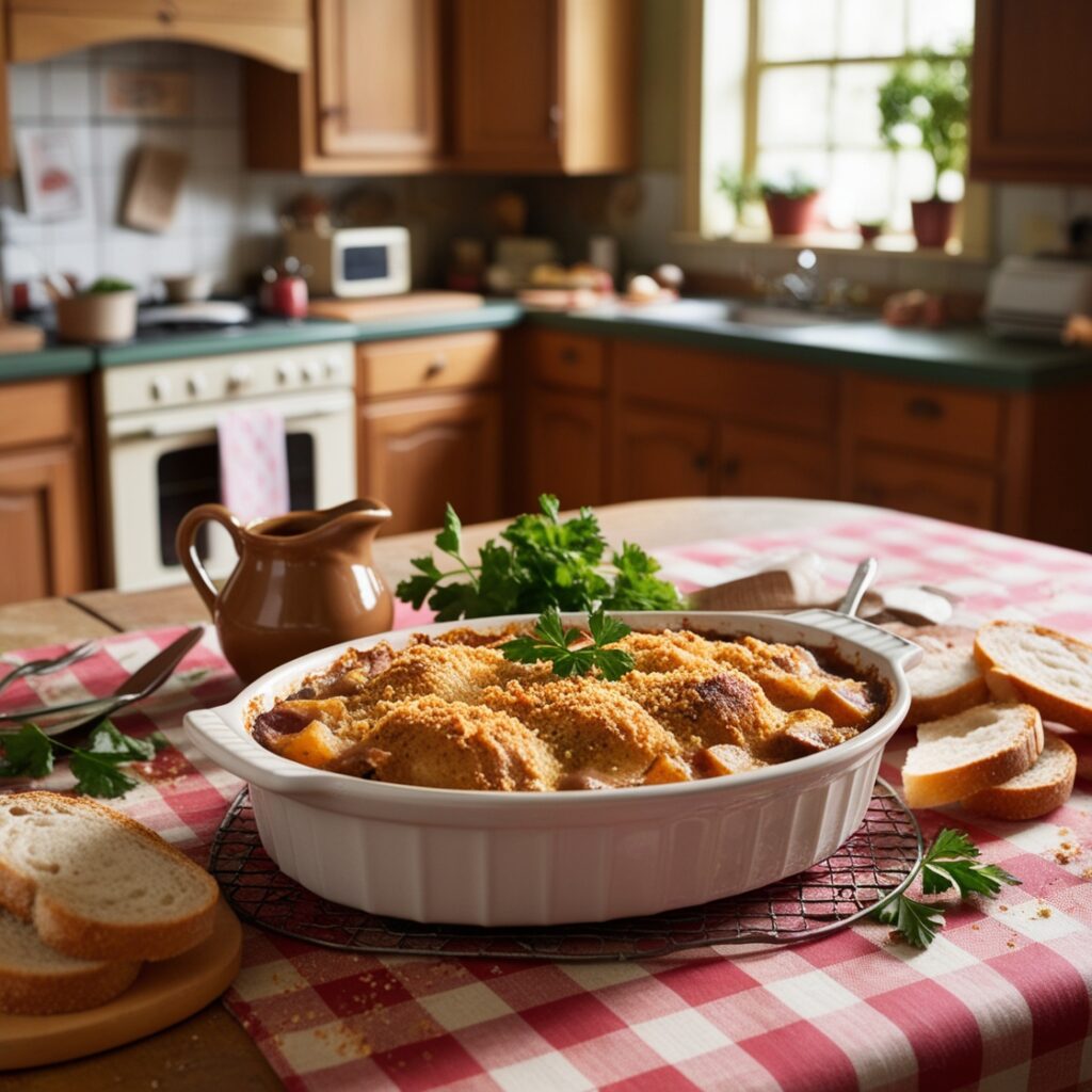 Delicious country pork casserole bubbling in a rustic dish, garnished with fresh herbs.