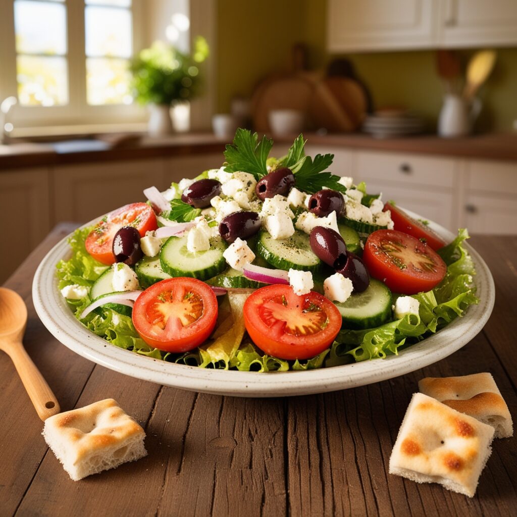 Fresh traditional Greek salad featuring ripe tomatoes, cucumber, black olives, and creamy feta cheese, dressed with olive oil and lemon juice.