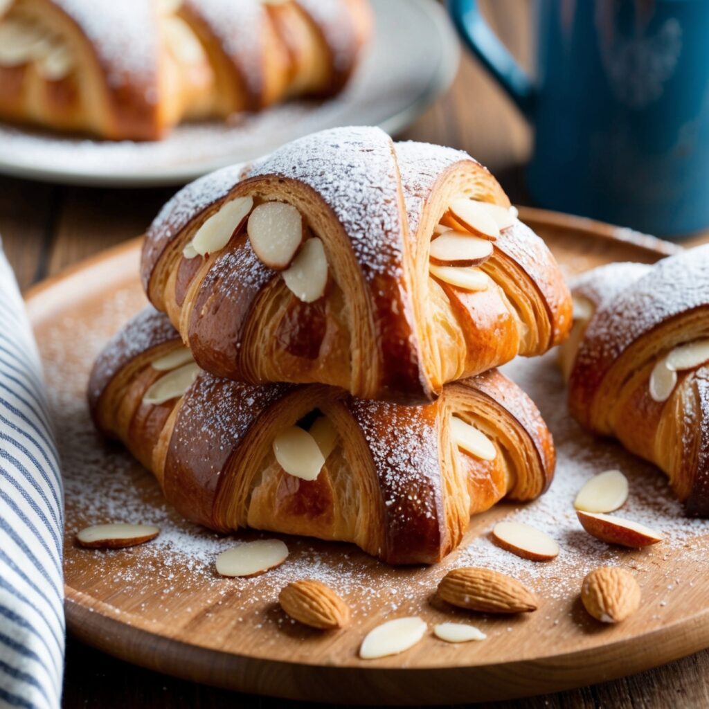 Baked almond croissants on a cooling rack, topped with powdered sugar and almonds.