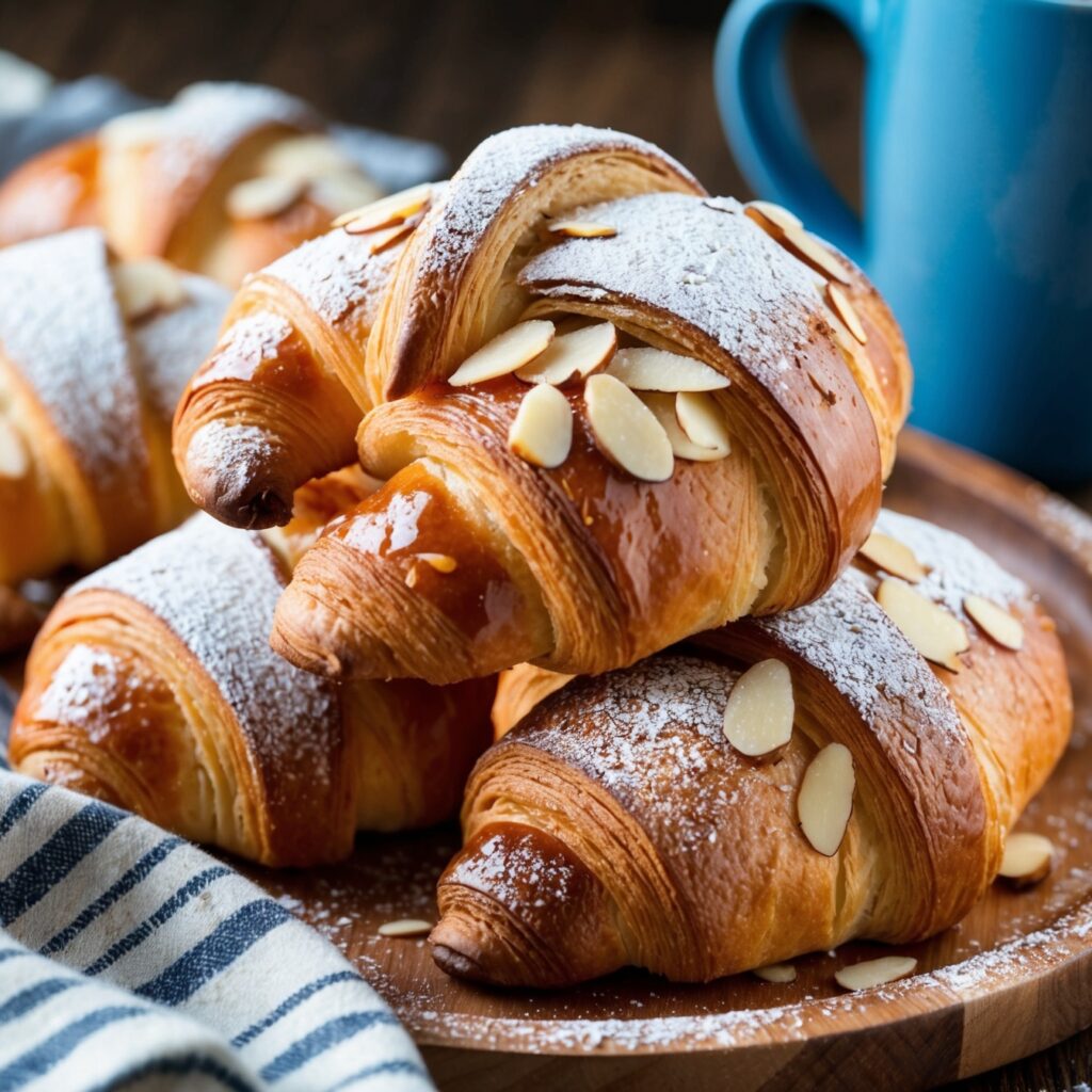 Close-up of a sliced almond croissant with frangipane filling and a dusting of powdered sugar.