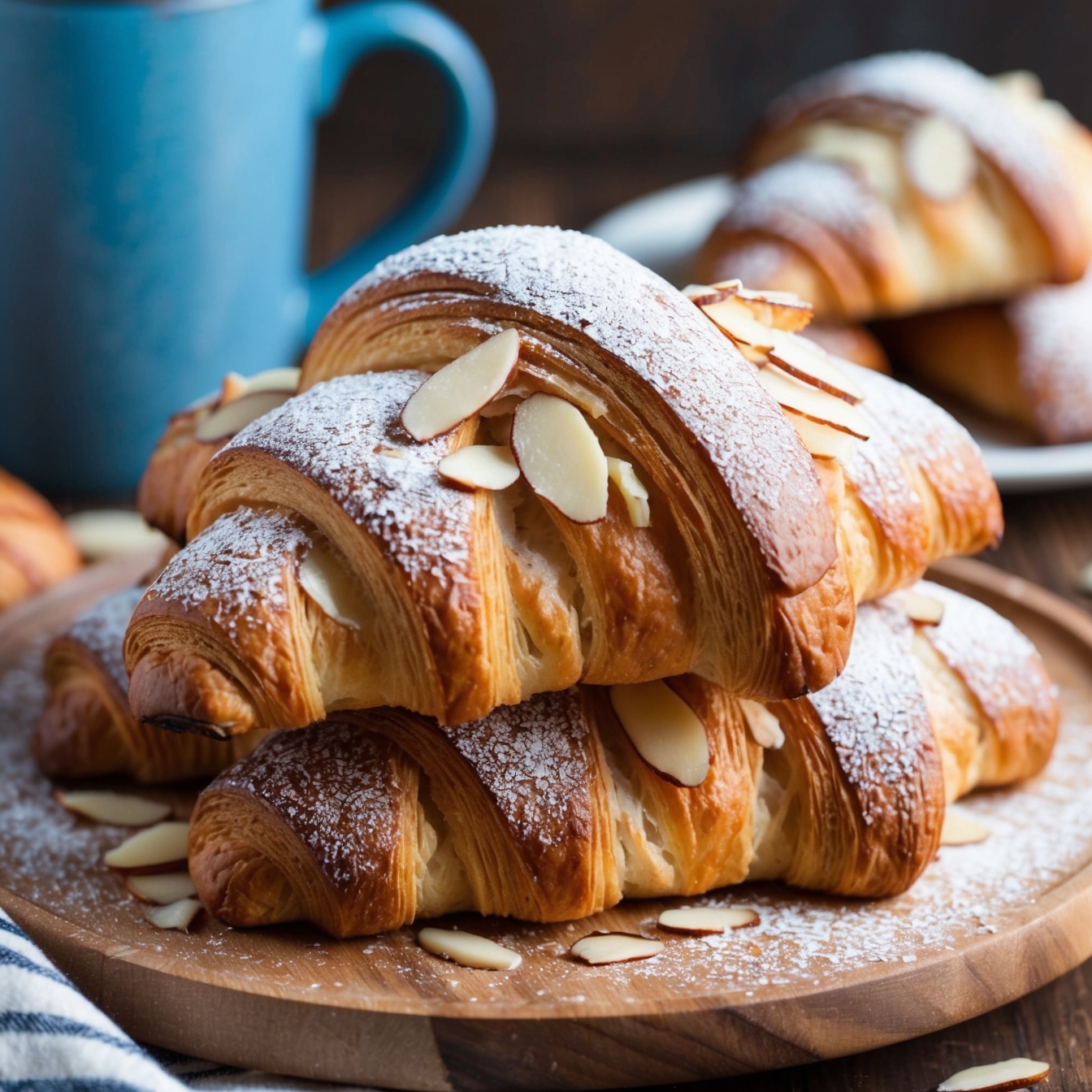 Freshly baked almond croissants topped with sliced almonds and powdered sugar on a tray.