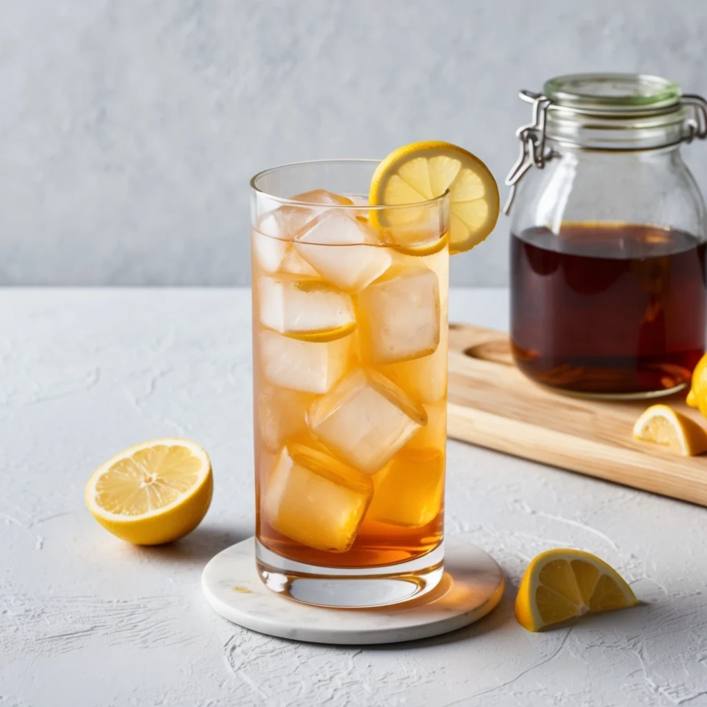 Chilled Arnold Palmer drink with lemon slice and mint garnish in a tall glass.