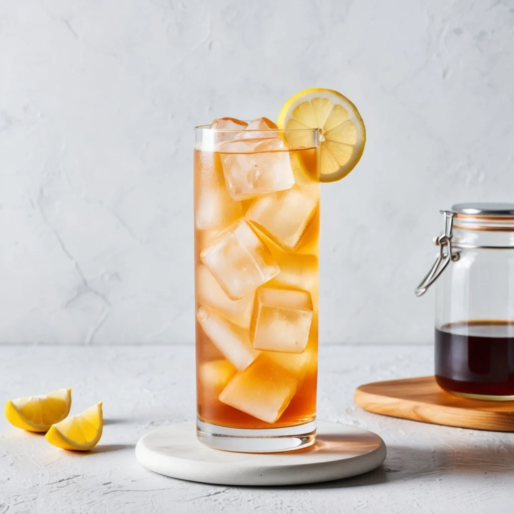 Close-up of Arnold Palmer drink with layers of iced tea and lemonade served over ice.