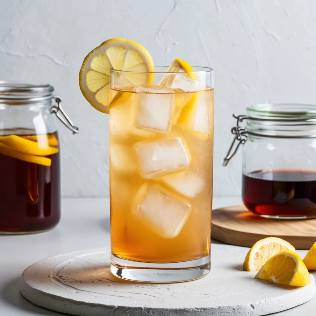 Glass of Arnold Palmer drink with lemon wedge and mint leaves for garnish, ready to enjoy.