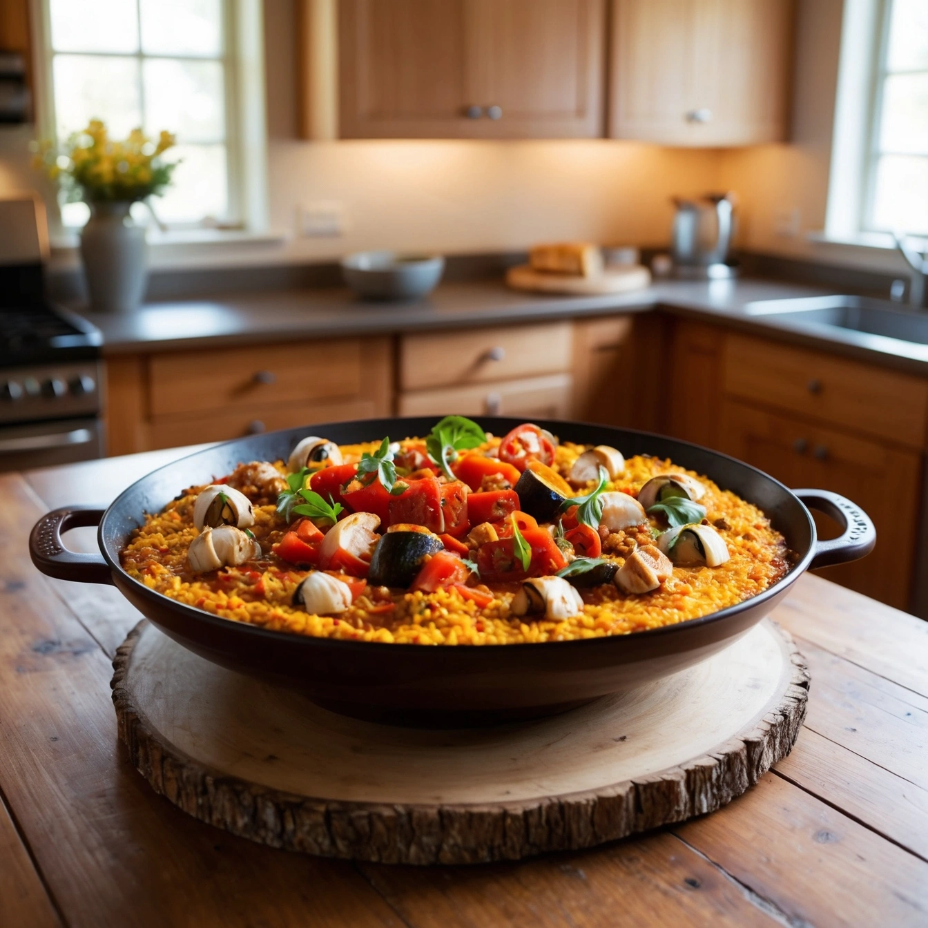 Traditional paella with seafood and saffron rice served in a wide, shallow pan.