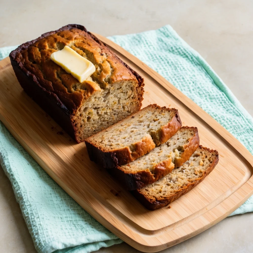 Close-up of a slice of Banana Banana Bread with a moist crumb and golden-brown crust.