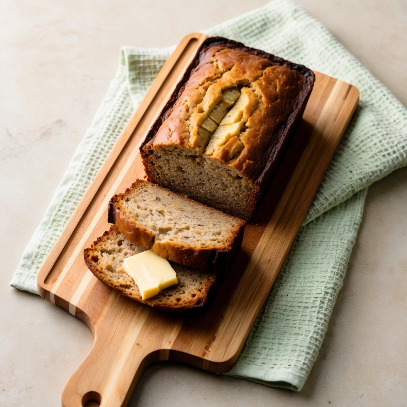 A freshly baked loaf of Banana Banana Bread on a wooden cutting board, ready to slice.