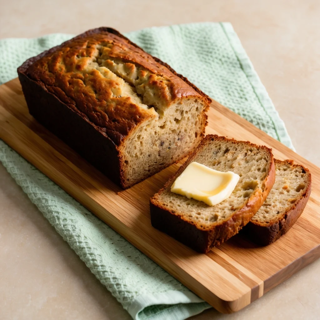 Batter being poured into a loaf pan for making Banana Banana Bread.