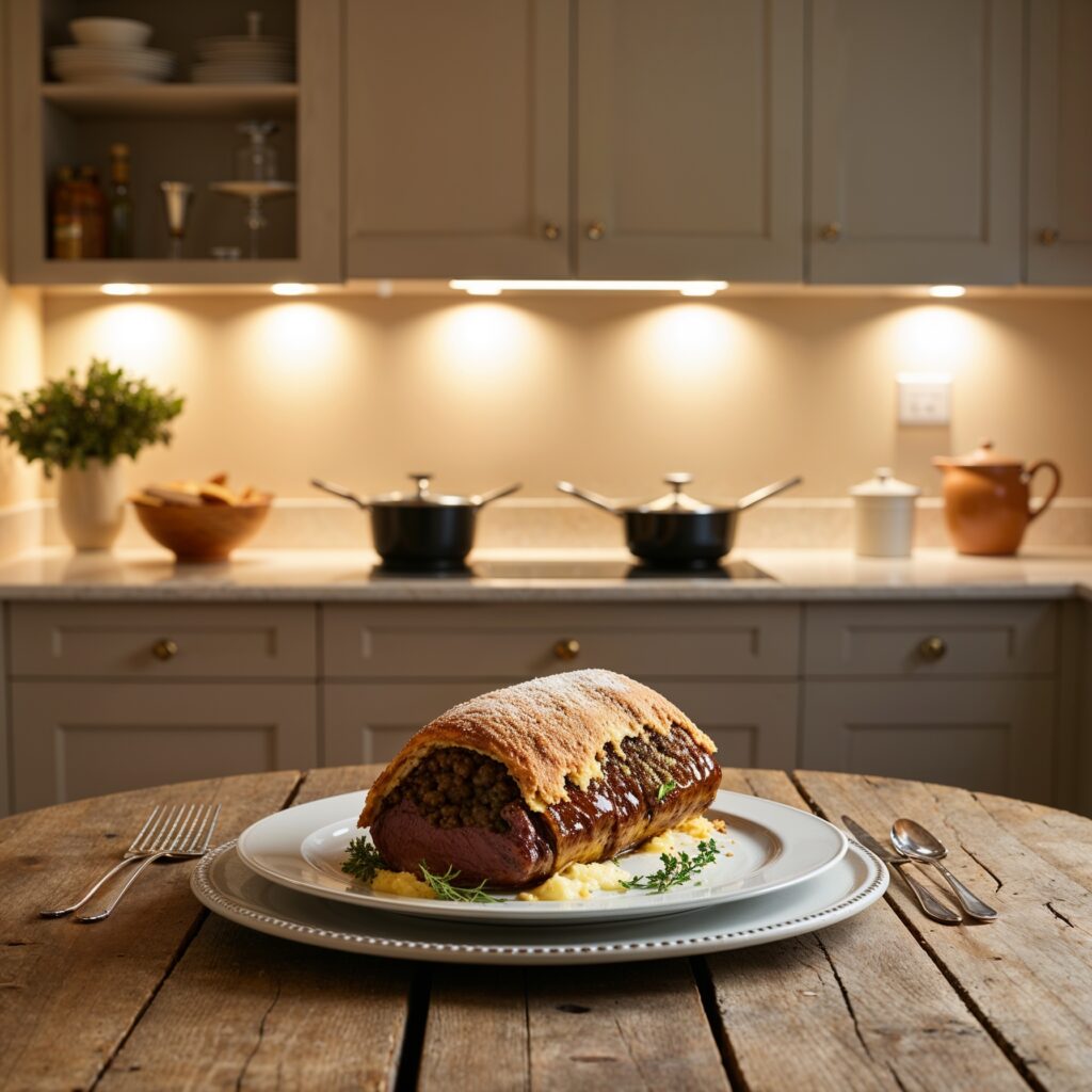 Beef Wellington with puff pastry and mushroom duxelles, sliced to reveal the tender beef inside.