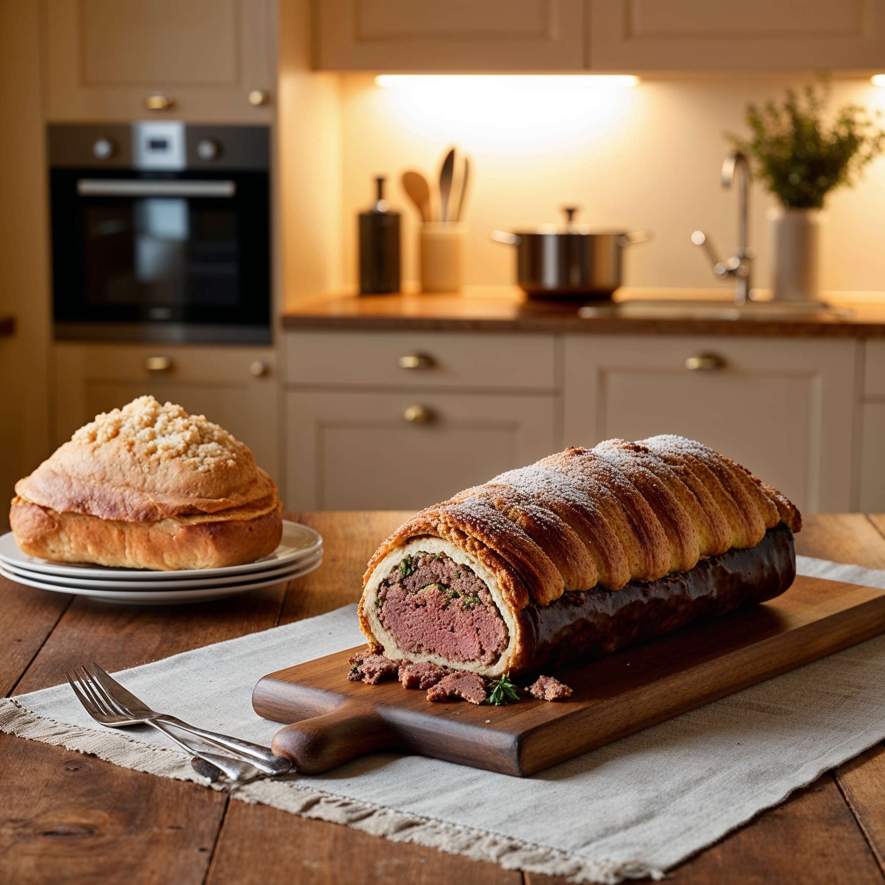 Golden Beef Wellington served with roasted vegetables on a white plate.