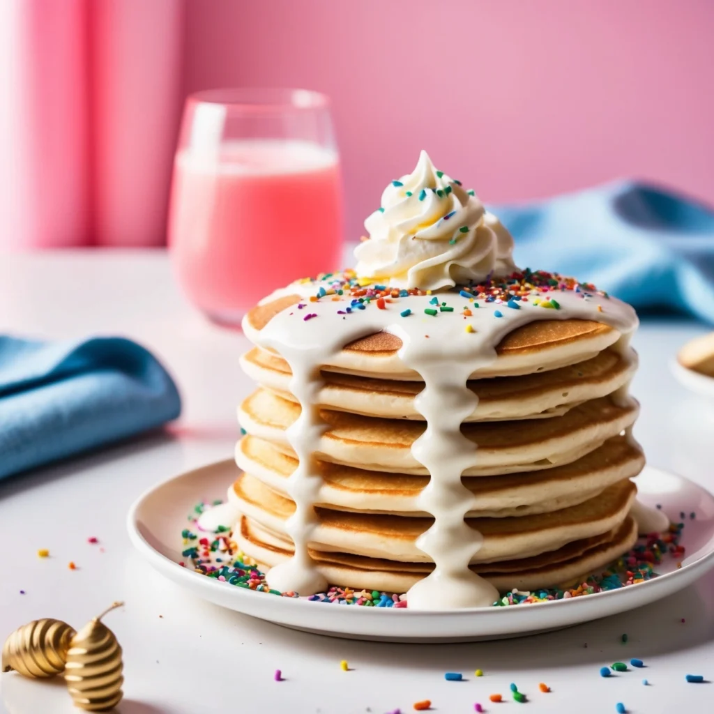 Close-up view of fluffy Funfetti pancakes with colorful sprinkles inside the batter.