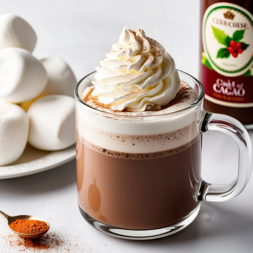 Close-up of boozy hot chocolate in a mug topped with marshmallows.