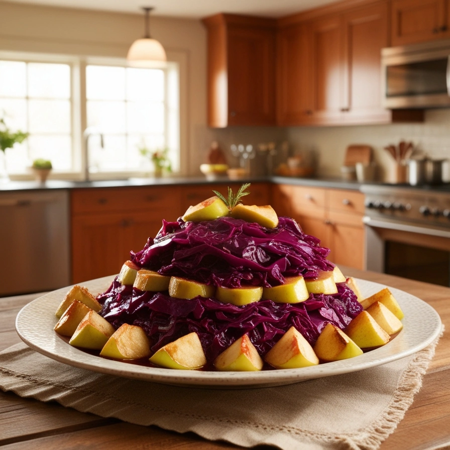 Close-up of braised red cabbage with tender stuffed apples on a serving dish.