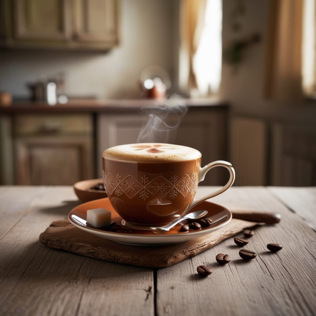 A steaming cup of brandy coffee topped with whipped cream, served in a cozy setting.