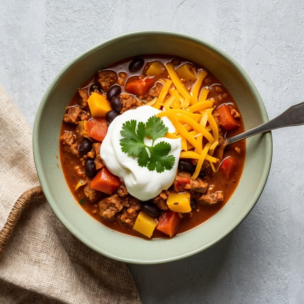 Slow-cooked butternut squash chili in a ceramic pot with a side of cornbread.