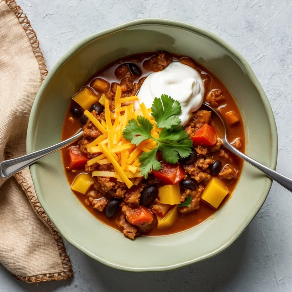 Bowl of butternut squash chili with black beans, avocado, and cilantro garnish.