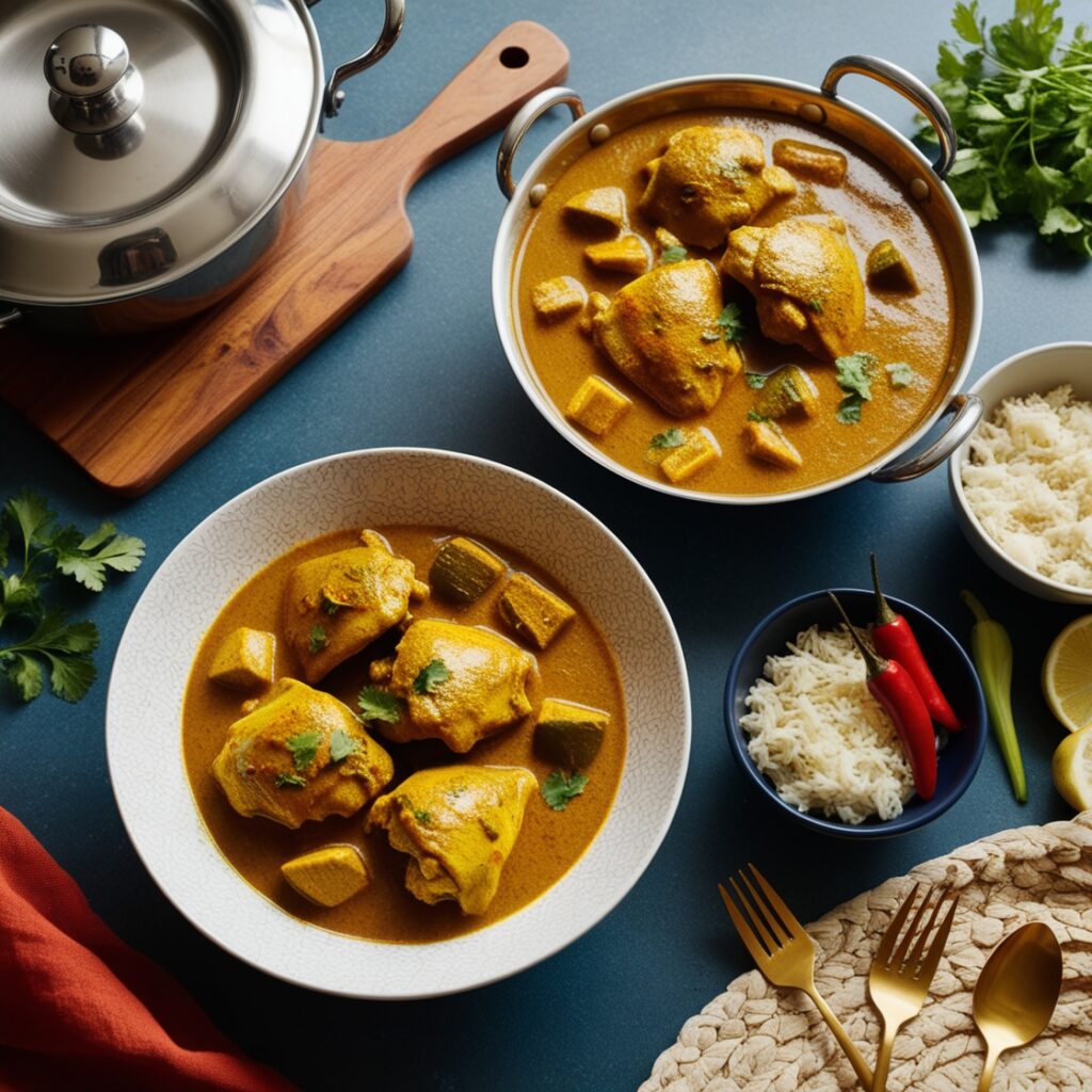 A close-up of creamy chicken curry with tender chicken pieces in a rich, spiced curry sauce.