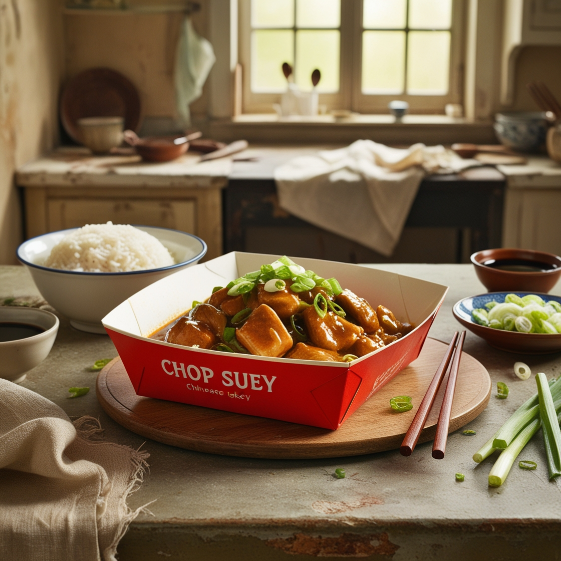 Homemade chop suey with stir-fried vegetables, chicken, and a savory sauce served over steamed rice.