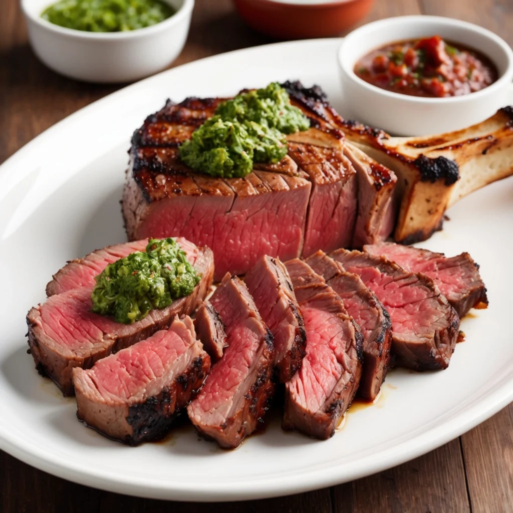 Filet mignon steak with holiday seasonings on a festive plate.