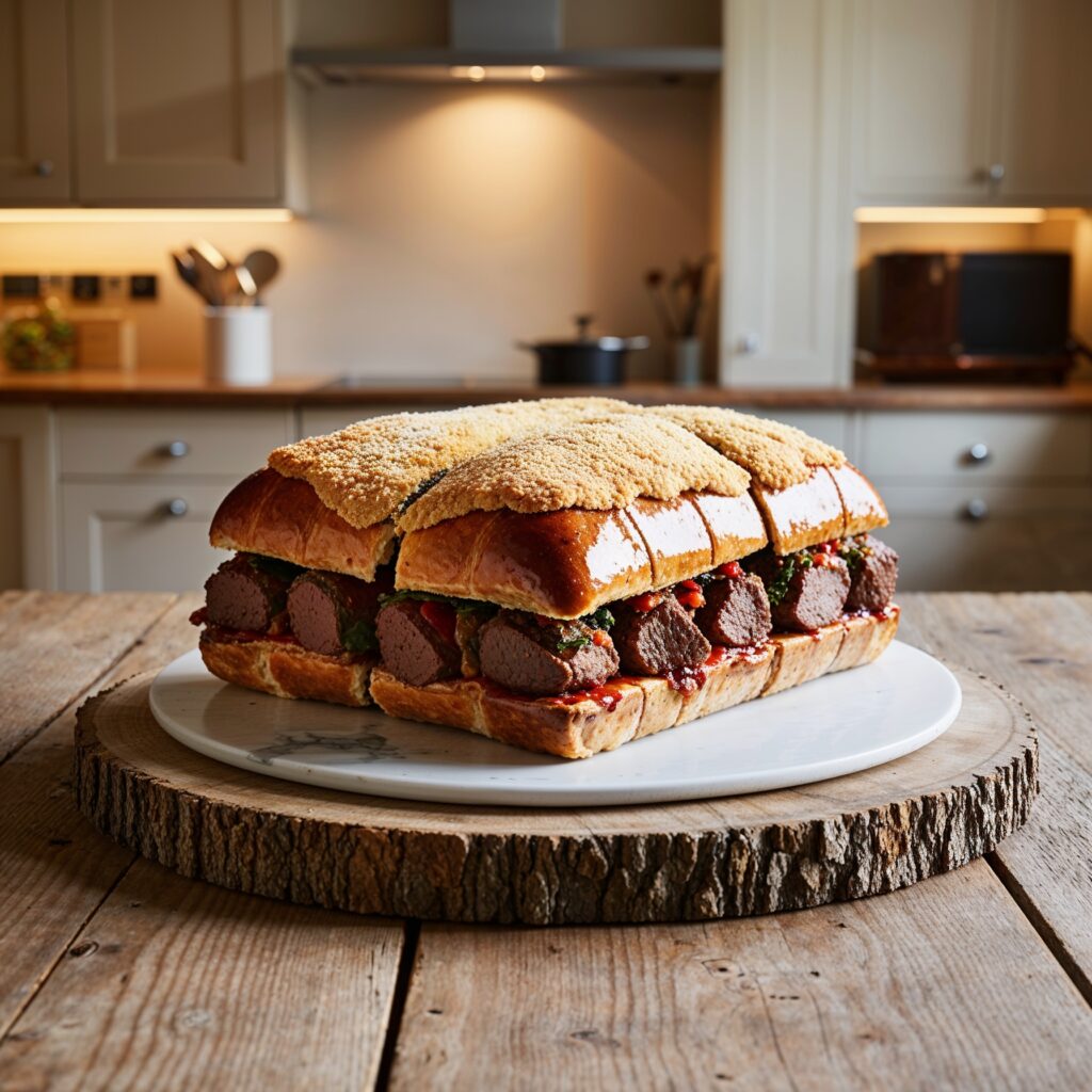 Close-up of Beef Wellington, highlighting the flaky puff pastry and perfectly cooked beef fillet.