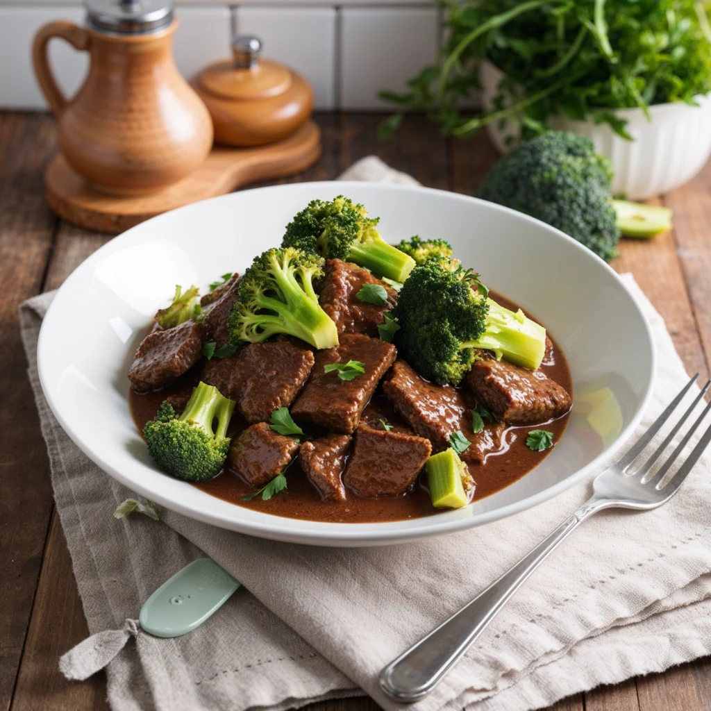 Stir-fried beef and broccoli in a bowl, ready to be served with a side of rice.