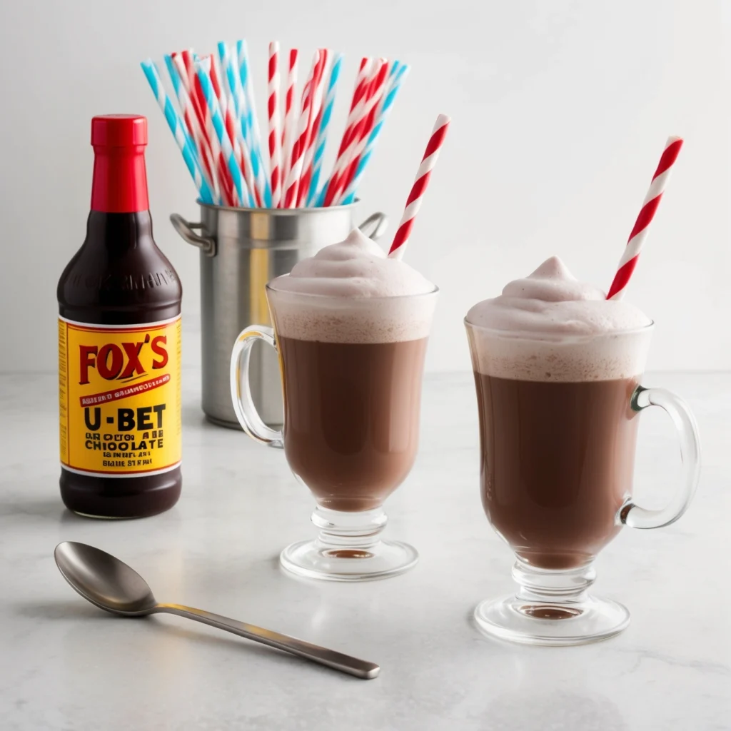 Pouring seltzer into a glass of Classic Egg Cream for a frothy top.