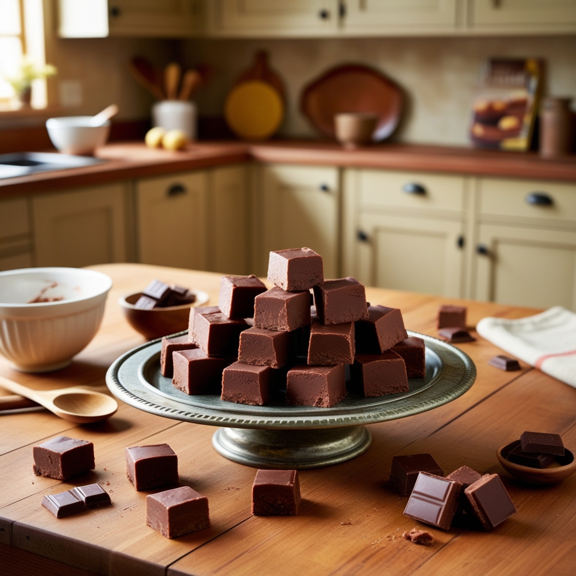 Rich and creamy classic fudge squares arranged on a plate, ready to be served.