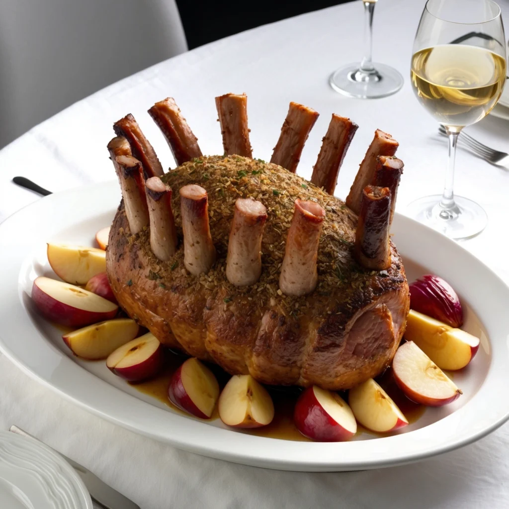 Classic Pork Crown Roast with roasted vegetables.