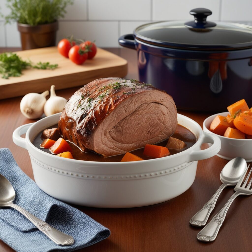 Classic pot roast with tender beef, potatoes, carrots, and celery in a slow cooker.