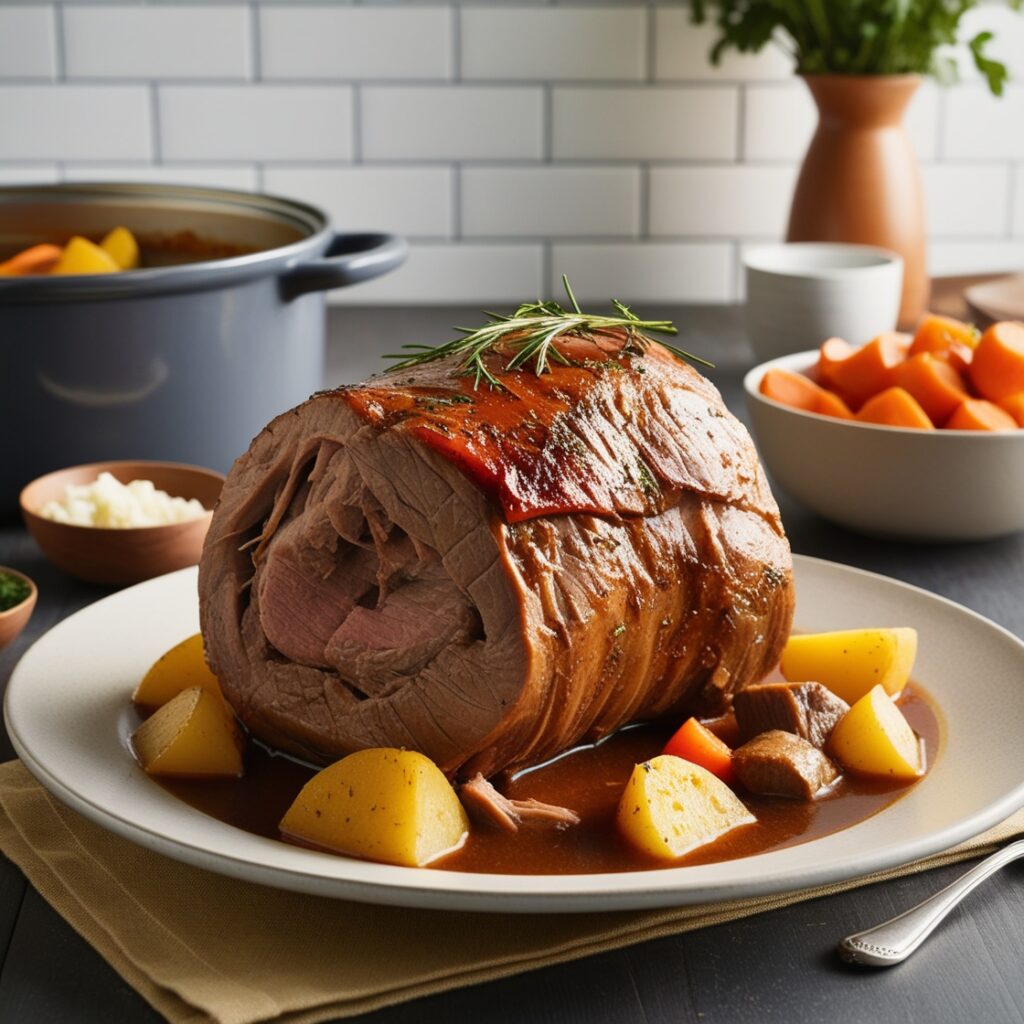 Perfectly cooked pot roast served with vegetables and garnished with fresh parsley.