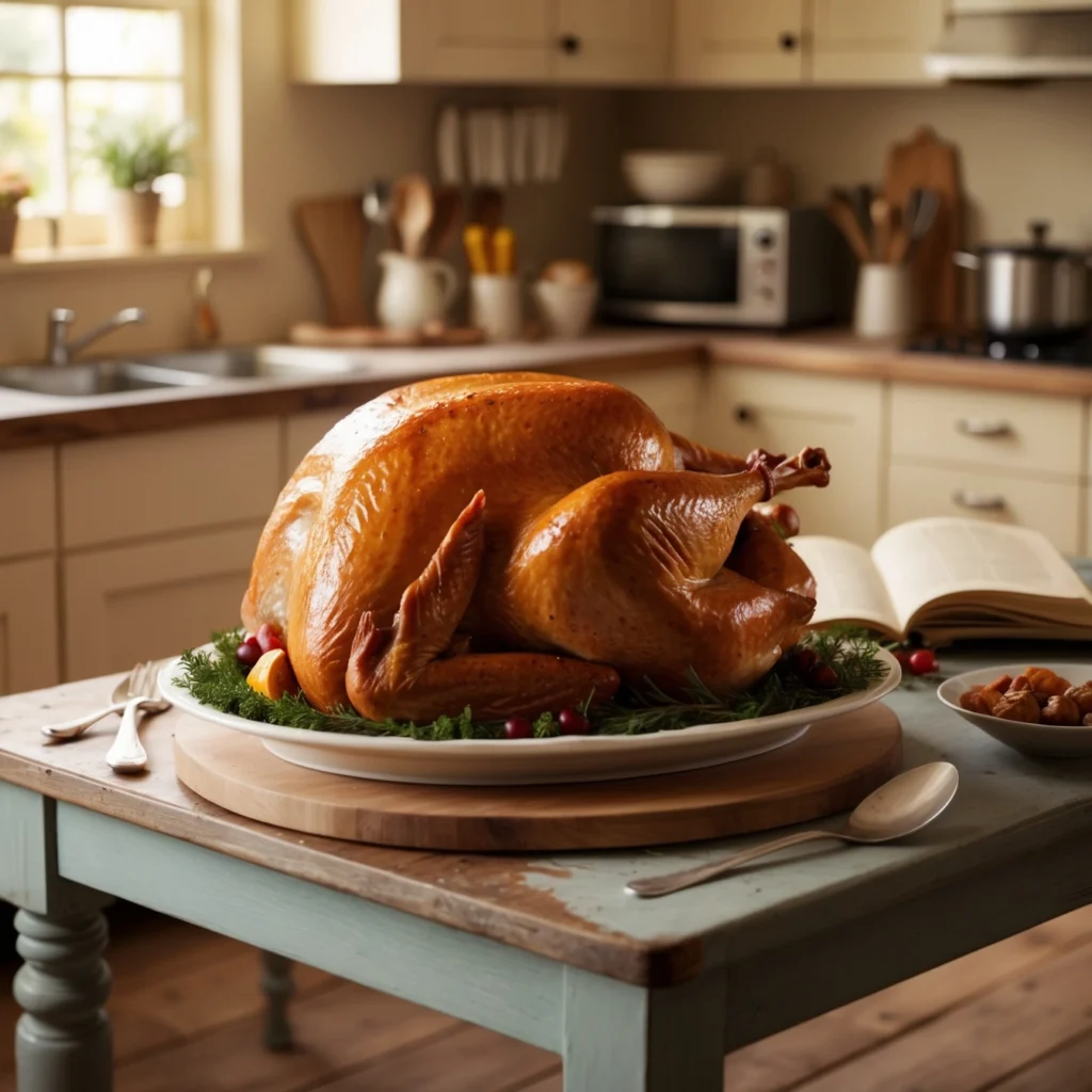 Whole classic roast turkey garnished with rosemary and thyme, served on a rustic platter.