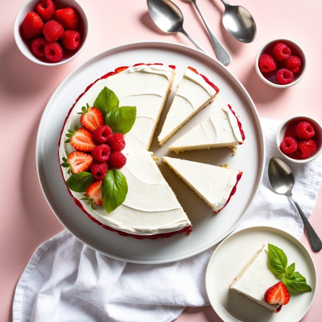 Classic vegan cheesecake slice with fresh berries and mint garnish.