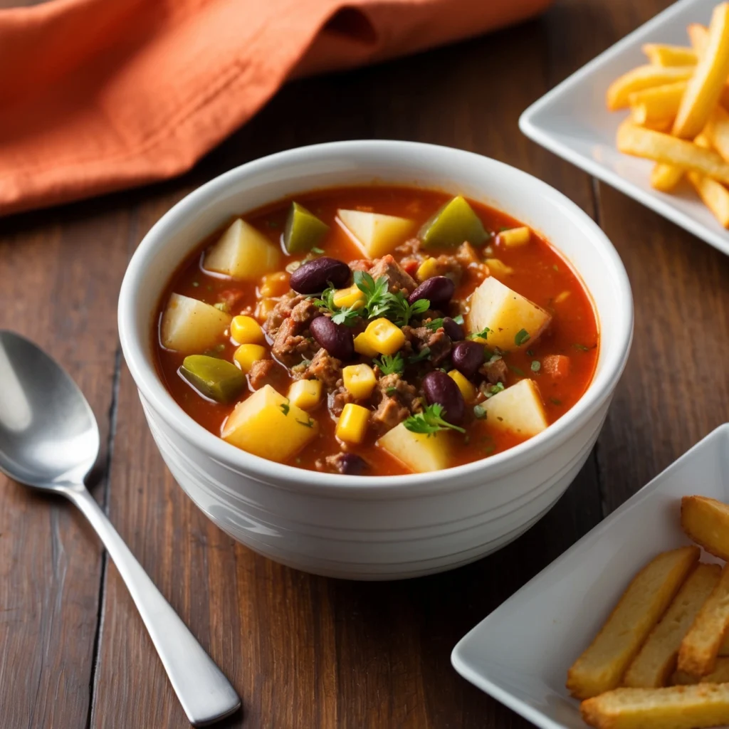 Cowboy Soup served with shredded cheese, sour cream, and green onions on top.