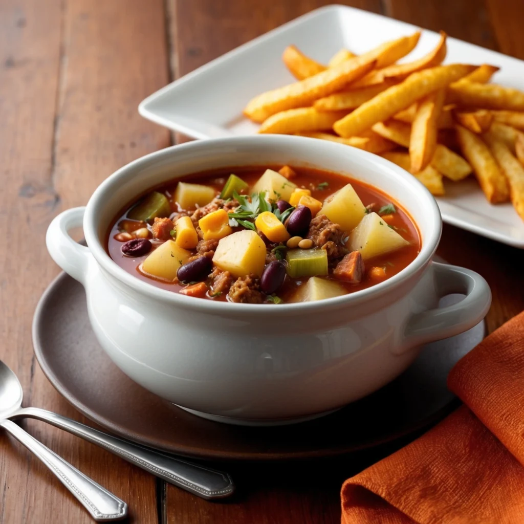 Close-up of Cowboy Soup with fresh cilantro and tortilla chips on the side.