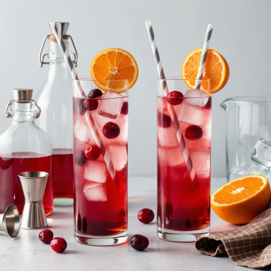 A glass jar filled with homemade Cranberry Tangerine Shrub surrounded by fresh cranberries and tangerine slices.