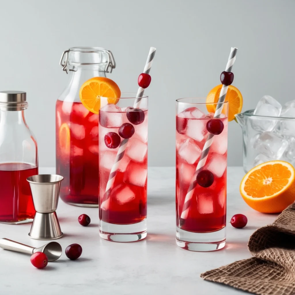 Homemade Cranberry Tangerine Shrub being poured into a cocktail shaker for a holiday drink.