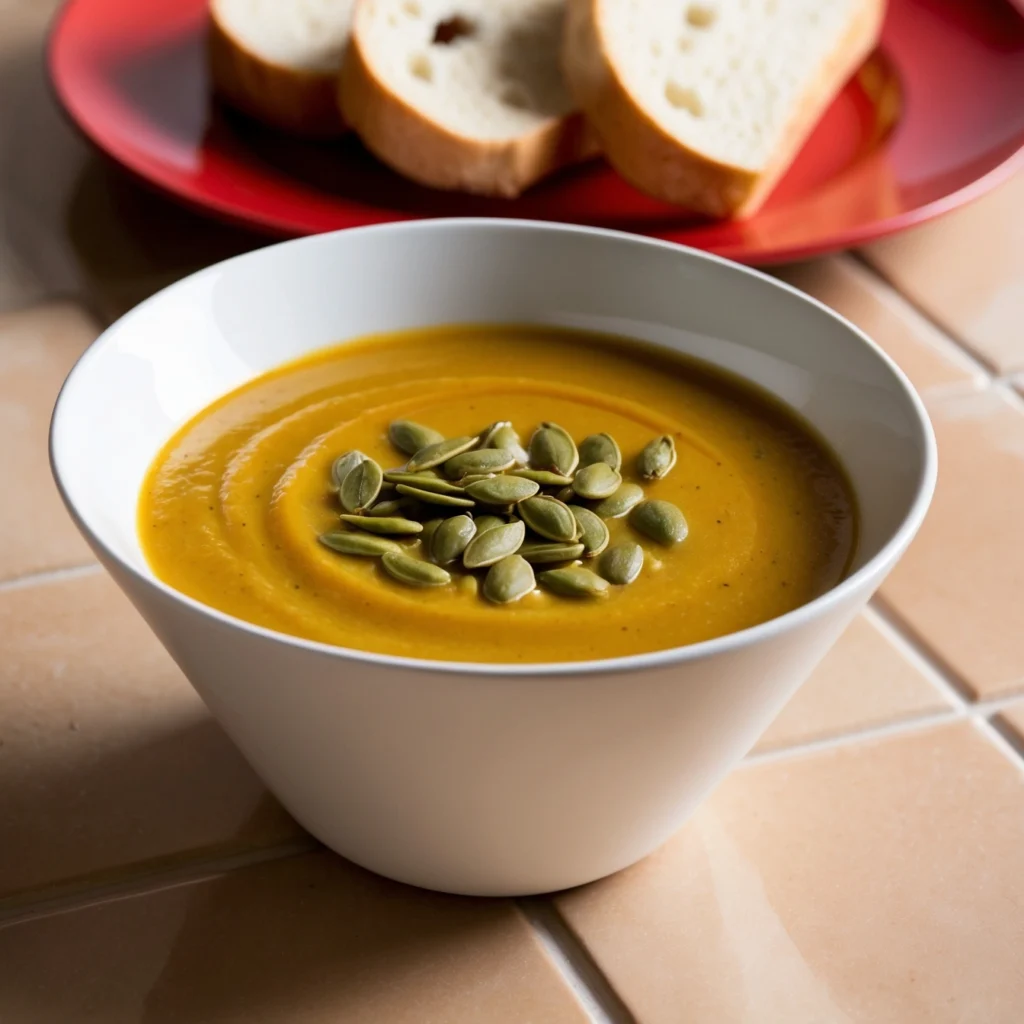 Creamy Roasted Parsnip Soup with smooth texture, topped with herbs and served with a side of bread.