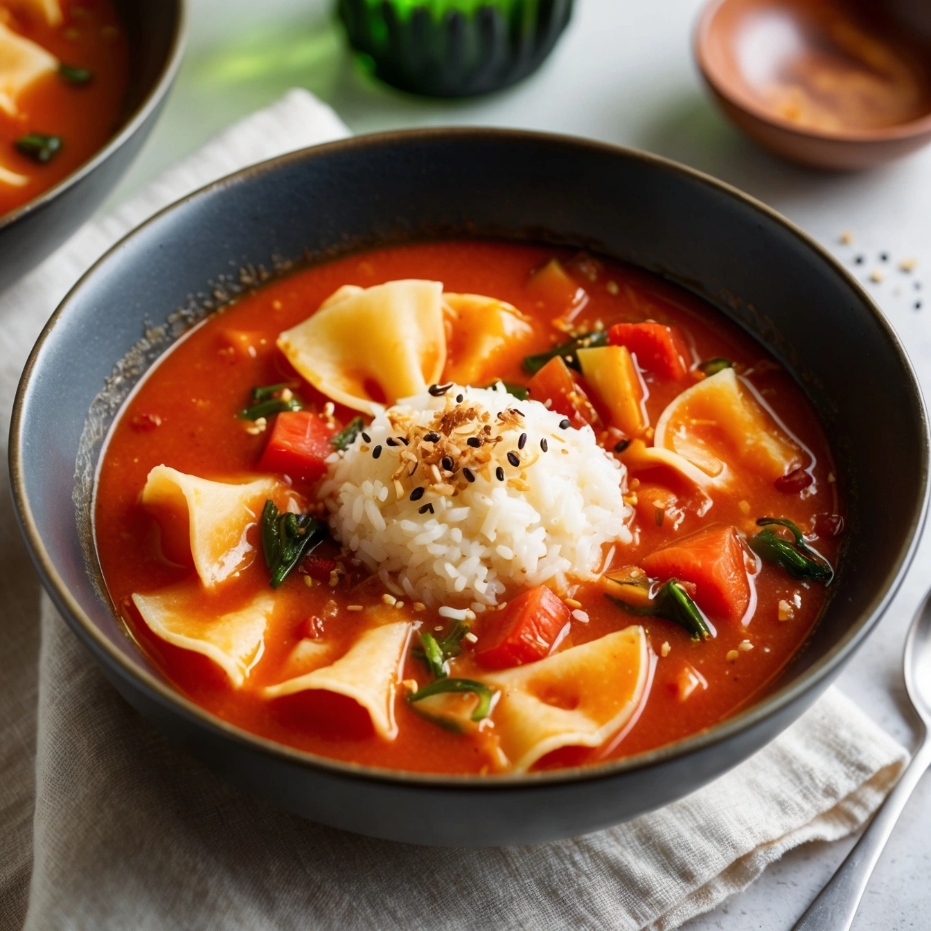 Crockpot Lasagna Soup garnished with fresh parsley and shredded Parmesan cheese.