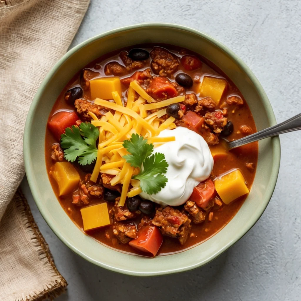 Close-up of a spoon scooping butternut squash chili with diced vegetables and beans.