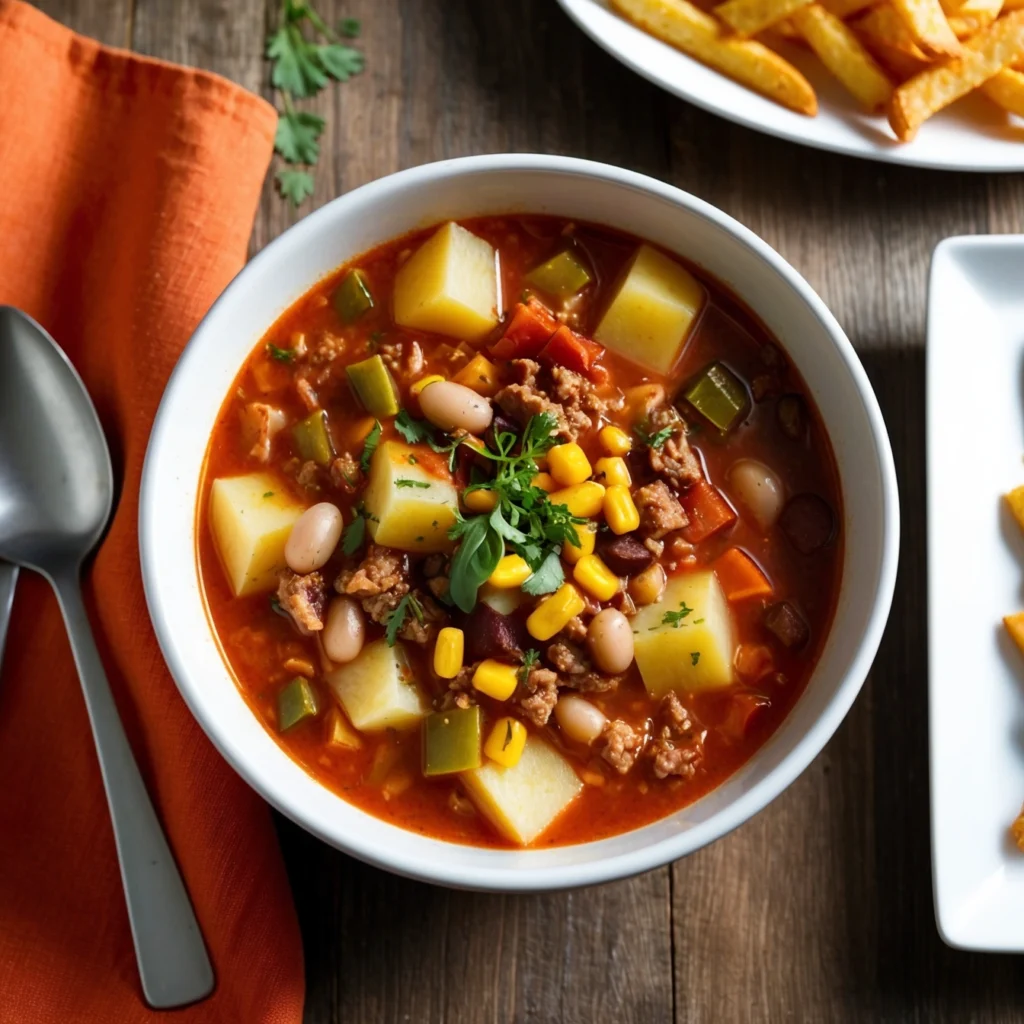 A steaming bowl of Cowboy Soup filled with ground beef, beans, and diced vegetables.