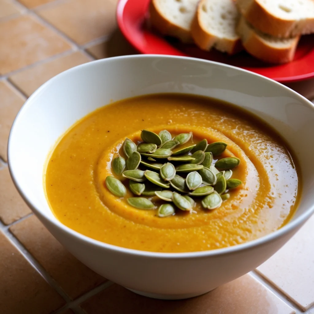 Bowl of Creamy Roasted Parsnip Soup garnished with fresh thyme and served with crusty bread.