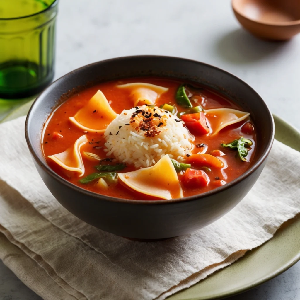 A bowl of Crockpot Lasagna Soup topped with melted mozzarella cheese and fresh basil.