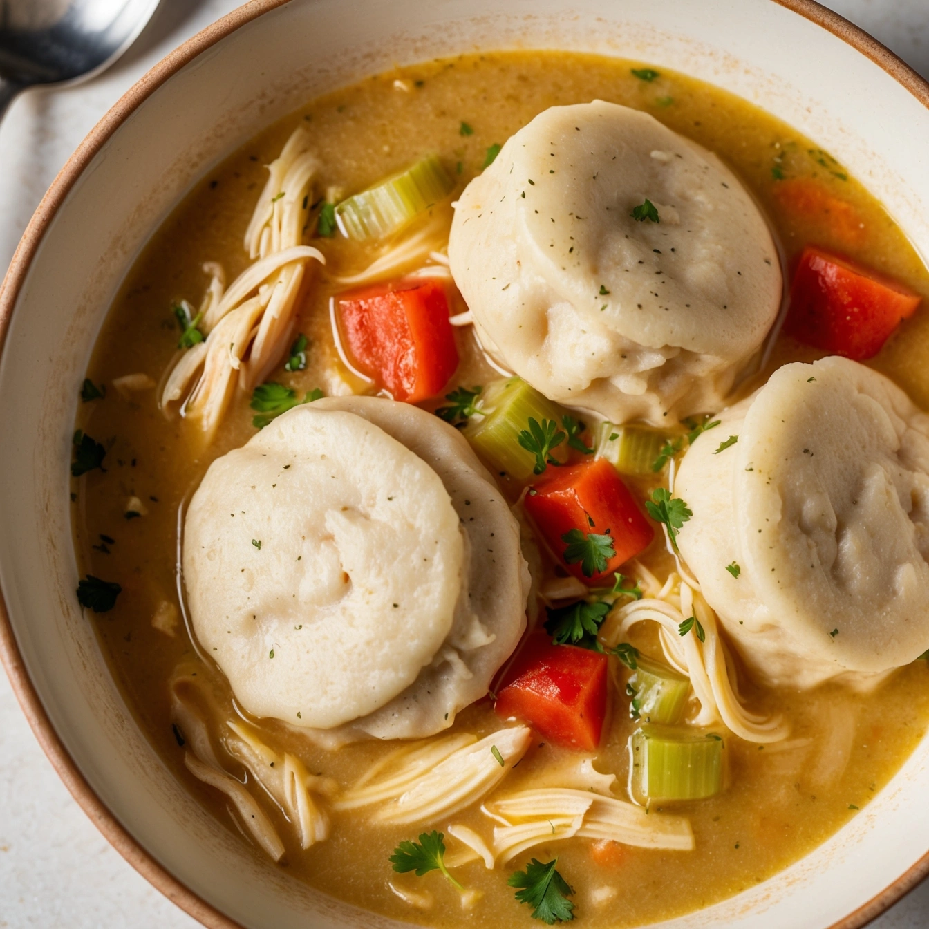 Close-up of homemade dumplings being prepared on a floured surface.