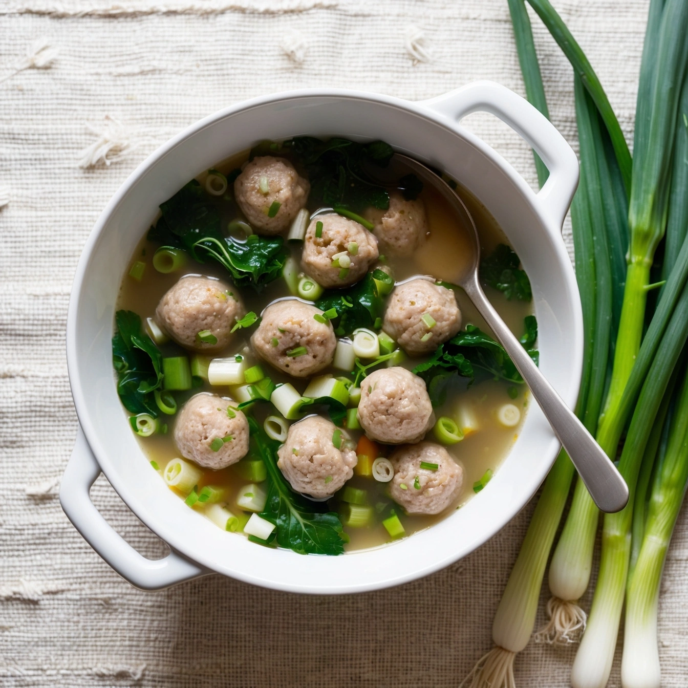 Close-up of Lazy Wonton Soup with wontons floating in broth, garnished with green onions.