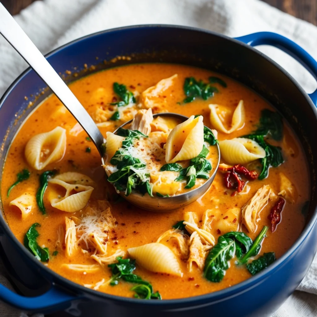 Bowl of Marry Me Chicken Soup with fresh basil, sun-dried tomatoes, and creamy broth.